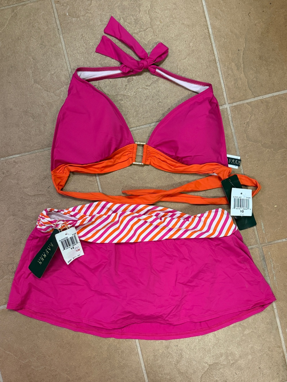 Ralph Lauren Hot Pink and Orange Halter and Skirt Swim Set